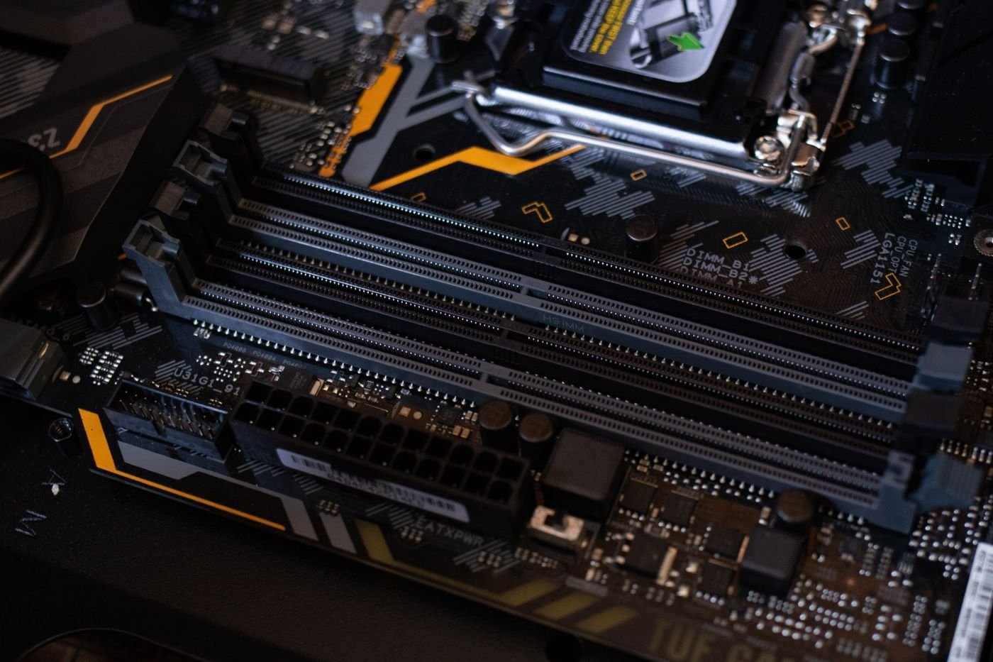 Memory slots on a motherboard photographed at an angle